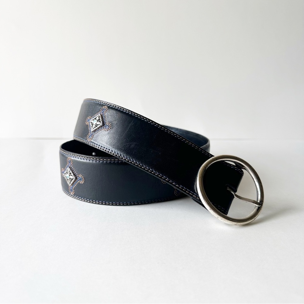 Brighton Vintage Silver Circle Buckle Black Leather Western Belt